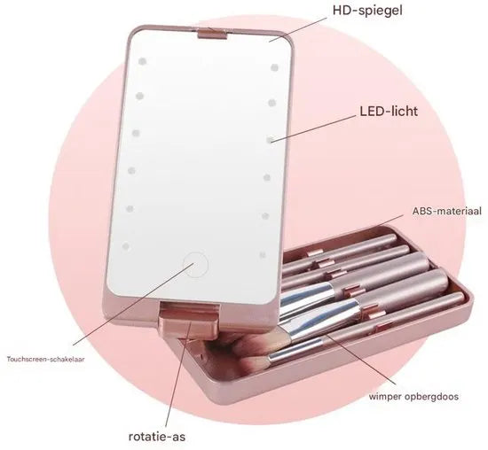 LED Makeup Mirror - Lighted Makeup Mirror - Set of 5 Makeup Brushes - Brush Storage - Cover - Dustproof - Pink - Image 2