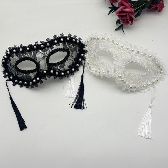 Masks - Halloween Half Face Pearl Lace Ribbon Mask - Masquerade Cosplay Party - Photography Props - 2 Items - Image 2