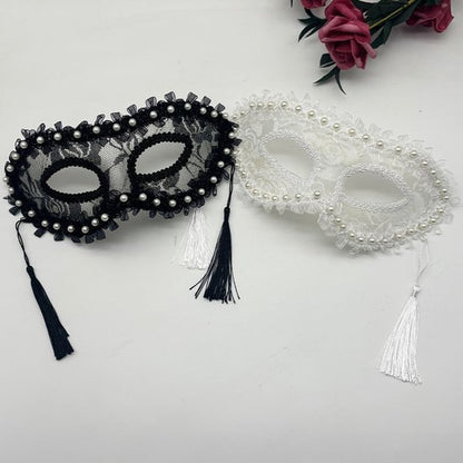 Masks - Halloween Half Face Pearl Lace Ribbon Mask - Masquerade Cosplay Party - Photography Props - 2 Items - Image 2