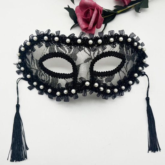 Masks - Halloween Half Face Pearl Lace Ribbon Mask - Masquerade Cosplay Party - Photography Props - 2 Items - Image 3