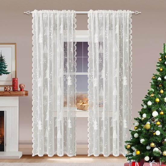 Window Screen - Ice Flower Christmas Tree Window Screen - Metal Mesh - European and American - Christmas - Curtain - Net Curtain 2-Piece Set (150*200cm) - Image 4