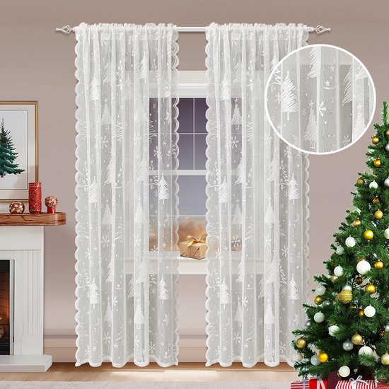 Window Screen - Ice Flower Christmas Tree Window Screen - Metal Mesh - European and American - Christmas - Curtain - Net Curtain 2-Piece Set (150*250cm) - Image 4