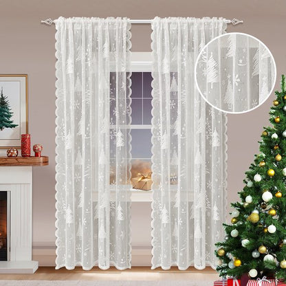 Window Screen - Ice Flower Christmas Tree Window Screen - Metal Mesh - European and American - Christmas - Curtain - Net Curtain 2-Piece Set (150*250cm) - Image 4