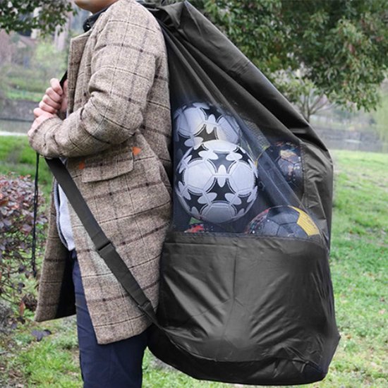 Soccer Net Bag for 10-15 Balls - Large Waterproof, Sturdy Tennis Shoulder Pad, Football-Basketball-Volleyball Bag, Drawstring Handbag - Black - Image 4