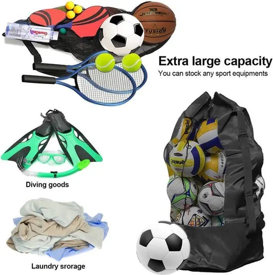Soccer Net Bag for 10-15 Balls - Large Waterproof, Sturdy Tennis Shoulder Pad, Football-Basketball-Volleyball Bag, Drawstring Handbag - Black - Image 5
