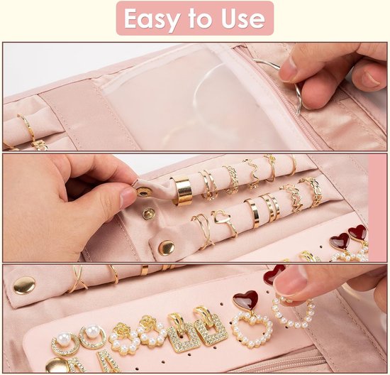 Storage Bag - Travel Jewelry Storage Bag - Tangle-Free - Foldable - Small Jewelry Roll - Luggage Accessory - For Necklaces, Earrings, Rings, Bracelets, Watches - Pink - Image 3