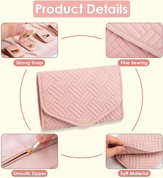 Storage Bag - Travel Jewelry Storage Bag - Tangle-Free - Foldable - Small Jewelry Roll - Luggage Accessory - For Necklaces, Earrings, Rings, Bracelets, Watches - Pink - Image 4