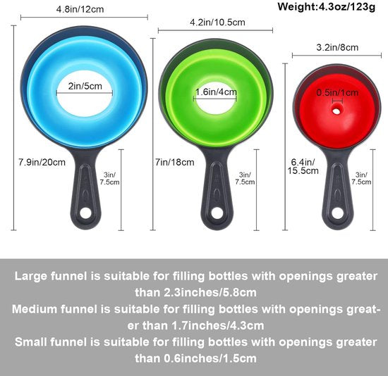 Mini Funnel - 3 in 1 Funnel - Funnel - Kitchen Funnel Set - Various Sizes - 12cm/10cm/8cm - Can be used to store jars, filling bottles, measuring cups and small amounts of spices, etc. - Image 4