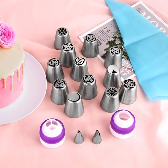 set of 27 cake decorating tips - 12 flower-shaped tips - cake decorating tip set - baking supplies for cookies and cupcakes - 2 leaf-shaped tips - 2 adapters - 10 piping bags - Image 2