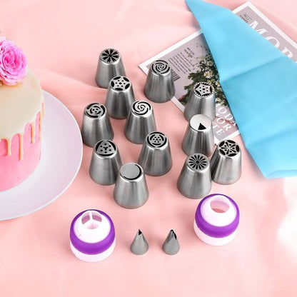 set of 27 cake decorating tips - 12 flower-shaped tips - cake decorating tip set - baking supplies for cookies and cupcakes - 2 leaf-shaped tips - 2 adapters - 10 piping bags - Image 2