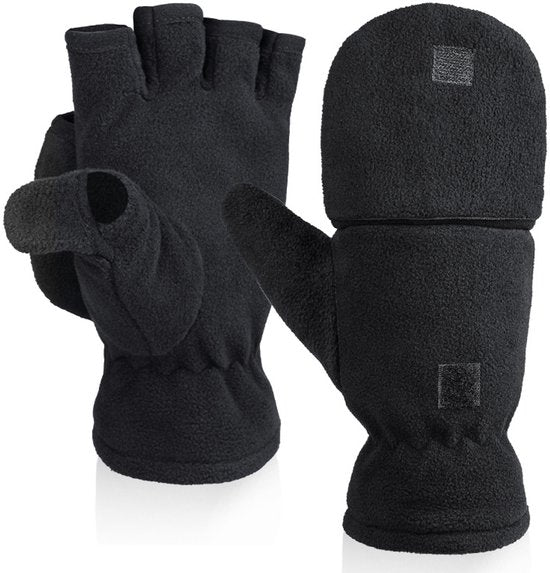 Unisex warm fleece gloves with fold-over top - Half-finger gloves - Warm gloves - Half-finger design - Suitable for writing, cycling, photo sessions with your partner - Winter gloves - Winter gift - Warm - Black L
