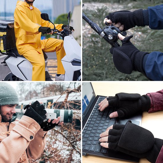 Unisex warm fleece gloves with fold-over top - Half-finger gloves - Warm gloves - Half-finger design - Suitable for writing, cycling, photo sessions with your partner - Winter gloves - Winter gift - Warm - Black XL - Image 4
