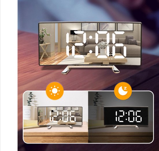 Multifunctional electronic alarm clock with light effect - Creative large screen - Curved LED light - Digital home mirror - Clock decoration - Black casing, white light - Image 2
