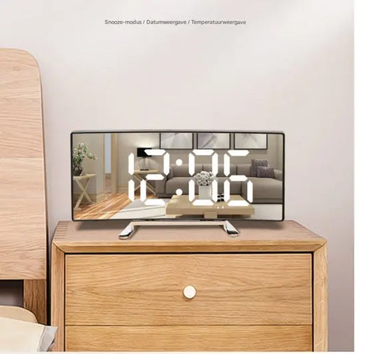 Multifunctional electronic alarm clock with light effect - Creative large screen - Curved LED light - Digital home mirror - Clock decoration - Black casing, white light - Image 4