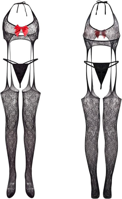 Lingerie sets - Sexy women's fishnet body with stockings - Transparent body - Lingerie set with bow and garter belt - Lace panties - Transparent babydoll lingerie with bra - Mesh nightgown with thong - Valentine's Day gift - Image 3