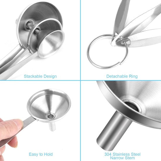 Stainless Steel Funnel Set - Set of 3 - Kitchen Funnels - Various Sizes - Funnels with Long Handles - With 2 Cleaning Brushes - Diameter: 7.5cm/5.5cm/4.5cm - Suitable for kitchen bottles, thermoses, small spice powders and k - Image 2