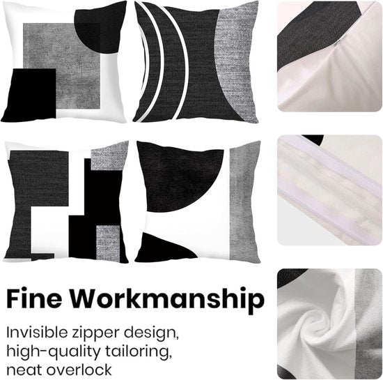 Pillowcase - 4-pack - Pillowcases with abstract geometric pattern - 45x45 cm - Pillowcases with zipper - Black and white pillowcases (pillow insert not included) - Image 4