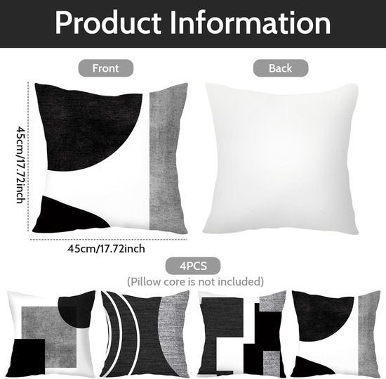 Pillowcase - 4-pack - Pillowcases with abstract geometric pattern - 45x45 cm - Pillowcases with zipper - Black and white pillowcases (pillow insert not included) - Image 5