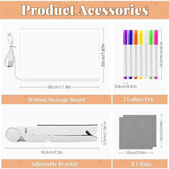 Drawing board - Colored LED whiteboard - Illuminated acrylic whiteboard - Illuminated memo board stand - Glass panel with LED lights and 7 pens - For school and home use respectively - 30x20cm - Image 4