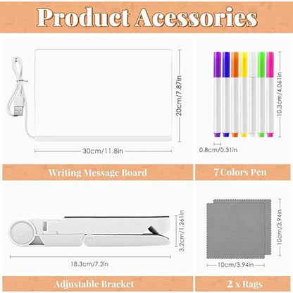 Drawing board - Colored LED whiteboard - Illuminated acrylic whiteboard - Illuminated memo board stand - Glass panel with LED lights and 7 pens - For school and home use respectively - 30x20cm - Image 4