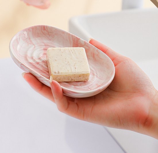 Soap Dish - Ceramic Soap Dish - Non-slip Marble Soap Dish - Bathroom Soap Holder - Suitable for Bathroom, Shower, Kitchen, and Travel - Pink - Image 4