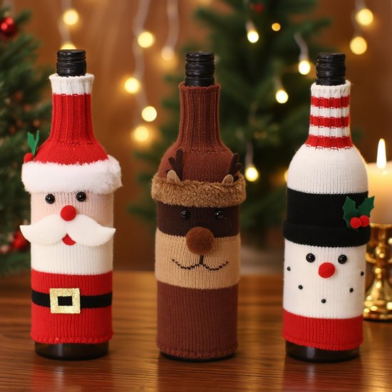 Wine Bottle Decorations - 3 Pieces - Wine Bottle Sleeves - Wine Bottle Bags - Christmas Decorations - Cartoon Knitted Old Man and Snowman Wine Bottle Sleeves - Festive Restaurant Decorations - Image 2