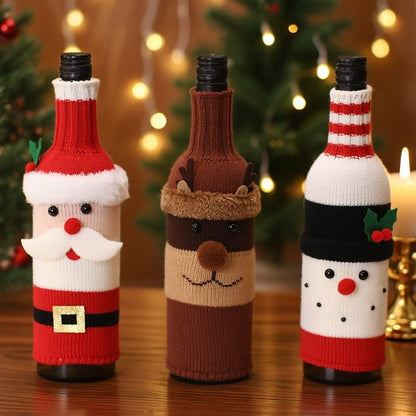 Wine Bottle Decorations - 3 Pieces - Wine Bottle Sleeves - Wine Bottle Bags - Christmas Decorations - Cartoon Knitted Old Man and Snowman Wine Bottle Sleeves - Festive Restaurant Decorations - Image 2