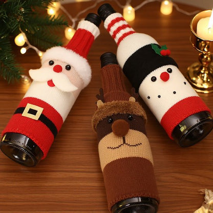 Wine Bottle Decorations - 3 Pieces - Wine Bottle Sleeves - Wine Bottle Bags - Christmas Decorations - Cartoon Knitted Old Man and Snowman Wine Bottle Sleeves - Festive Restaurant Decorations - Image 3
