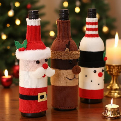 Wine Bottle Decorations - 3 Pieces - Wine Bottle Sleeves - Wine Bottle Bags - Christmas Decorations - Cartoon Knitted Old Man and Snowman Wine Bottle Sleeves - Festive Restaurant Decorations - Image 5