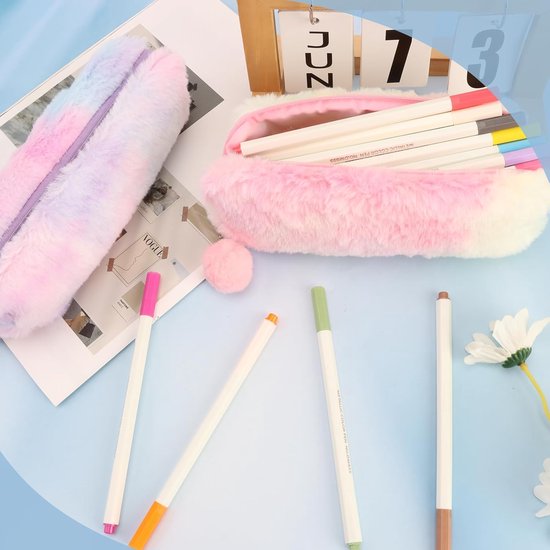 Pencil Cases - 3-Piece - Storage Bags - Fluffy Fleece Pencil Cases - Rainbow Gradient Design - Suitable for girls aged 3 to 12 - Ideal gift for birthdays, graduations and Christmas - Image 3