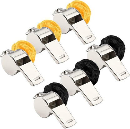 Whistles - Set of 6 - Emergency whistles - Stainless steel whistles - Metal whistles with lanyard - Coach whistles with lanyard - Sports whistles - Loud and clear whistles for referees - Emergencies in training halls