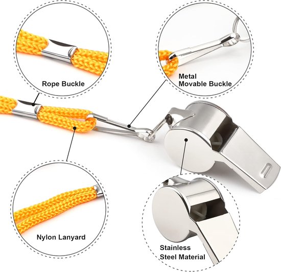 Whistles - Set of 6 - Emergency whistles - Stainless steel whistles - Metal whistles with lanyard - Coach whistles with lanyard - Sports whistles - Loud and clear whistles for referees - Emergencies in training halls - Image 2