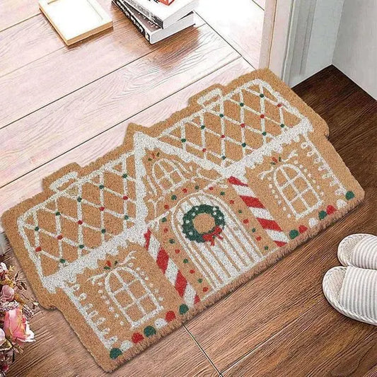 Doormat - Christmas doormat - Non-slip mat - Decorative non-slip mat in the shape of a gingerbread house - Decoration - Festive entrance decoration - doormat - Suitable for festive outdoor and indoor porches, entrances, kitchens, and living rooms (L: 60cm