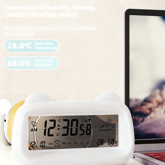Alarm Clock - Digital Alarm Clock - Digital Clock - Smart Alarm Clock - Electronic Calendar - Cat-shaped Alarm Clock with Light - Real-time Temperature and Humidity Monitoring - Weather Display - Large Night Light Screen - USB Charging（Pink） - Image 3