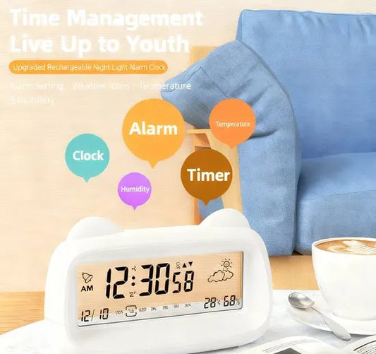 Alarm Clock - Digital Alarm Clock - Digital Clock - Smart Alarm Clock - Electronic Calendar - Cat-shaped Alarm Clock with Light - Real-time Temperature and Humidity Monitoring - Weather Display - Large Night Light Screen - USB Charging（Blue）