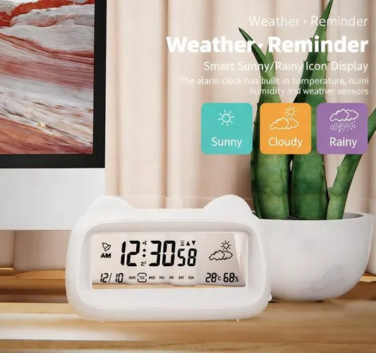 Alarm Clock - Digital Alarm Clock - Digital Clock - Smart Alarm Clock - Electronic Calendar - Cat-shaped Alarm Clock with Light - Real-time Temperature and Humidity Monitoring - Weather Display - Large Night Light Screen - USB Charging（Purple） - Image 2