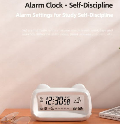 Alarm Clock - Digital Alarm Clock - Digital Clock - Smart Alarm Clock - Electronic Calendar - Cat-shaped Alarm Clock with Light - Real-time Temperature and Humidity Monitoring - Weather Display - Large Night Light Screen - USB Charging（Purple） - Image 4