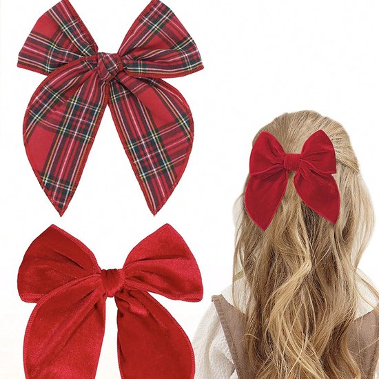 Hairclips - Set of 4 - Hair accessories - Hairclips with bows - Accessories suitable for little girls and mothers - Red, green, white and checked - Image 3