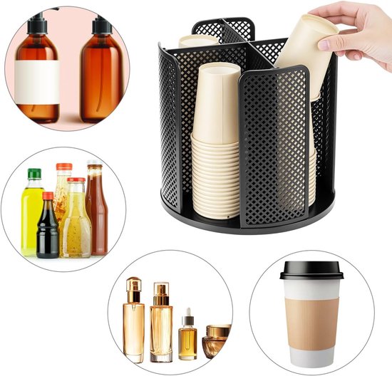 Rotating paper cup dispenser - cup holder with 4 compartments - with 360° turntable - suitable for kitchens, bathrooms and coffee bars - black - Image 4