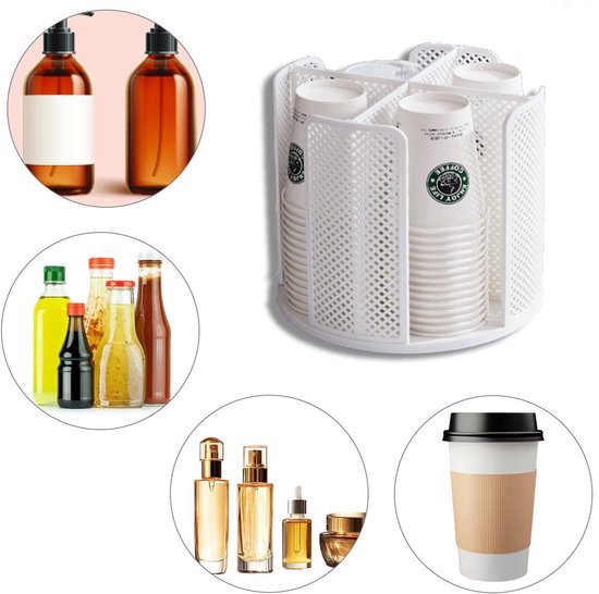 Rotating cup holder for paper cups - holder with four compartments - with 360° rotating base - suitable for kitchens, bathrooms and coffee bars - white - Image 2