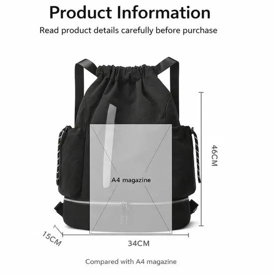 Drawstring Backpack - Waterproof Sports Bag - Lightweight Sports Backpack - With Shoe Compartment - Unisex - Suitable for Basketball, Football, Swimming and Travel - Black - Image 2