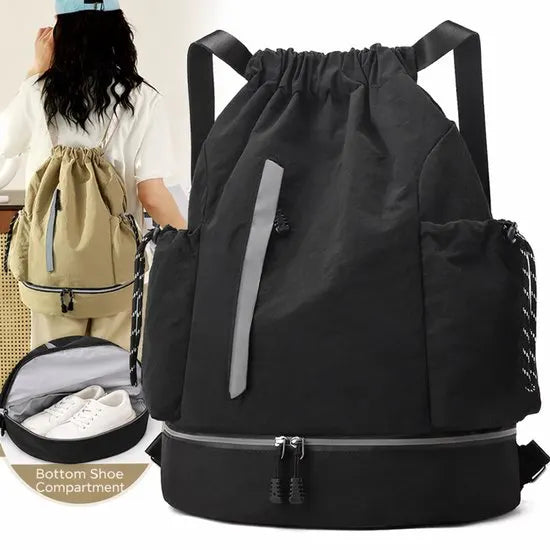 Drawstring Backpack - Waterproof Sports Bag - Lightweight Sports Backpack - With Shoe Compartment - Unisex - Suitable for Basketball, Football, Swimming and Travel - Black - Image 6