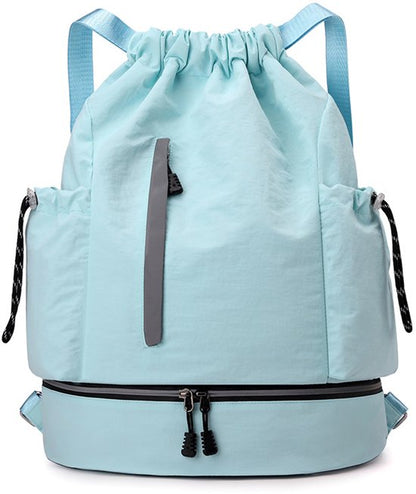 Drawstring Backpack - Waterproof Sports Bag - Lightweight Sports Backpack - With Shoe Compartment - Unisex - Suitable for Basketball, Football, Swimming and Travel - Blue