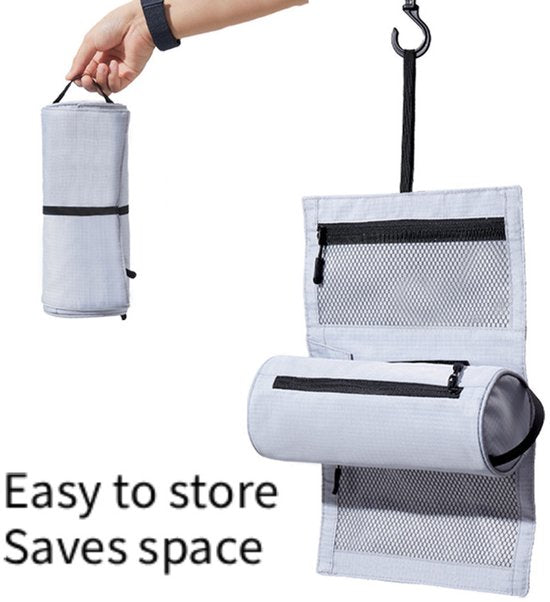Foldable Toiletry Bag with Hanging Hook - Waterproof Travel Wash Bag - with Multiple Compartments & Mesh - Compact Makeup and Toiletry Bag for Vacation, Sports and Camping - Black - Image 2