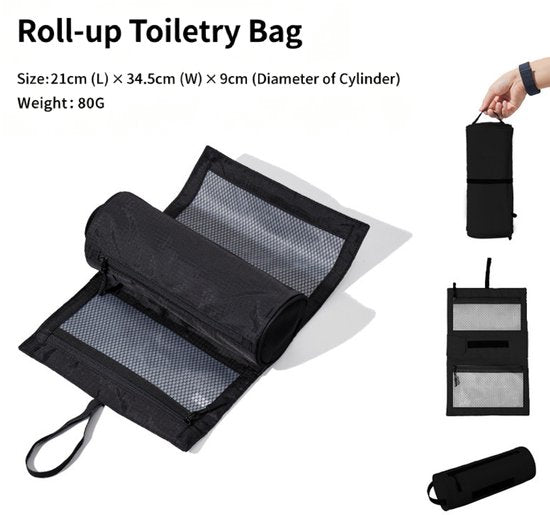 Foldable Toiletry Bag with Hanging Hook - Waterproof Travel Wash Bag - with Multiple Compartments & Mesh - Compact Makeup and Toiletry Bag for Vacation, Sports and Camping - Black - Image 4