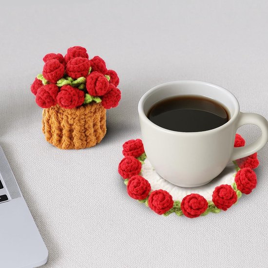 Coasters - Mini Basket Included - Floral Coasters - Vintage Rose Design - Suitable for coffee tables, weddings, housewarming parties, birthdays, etc.（Red） - Image 2