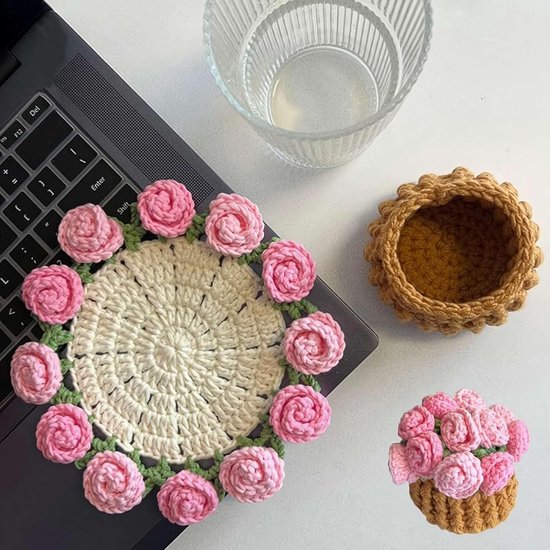 Coasters - Mini Basket Included - Floral Coasters - Vintage Rose Design - Suitable for coffee tables, weddings, housewarming parties, birthdays, etc.（Pink） - Image 3