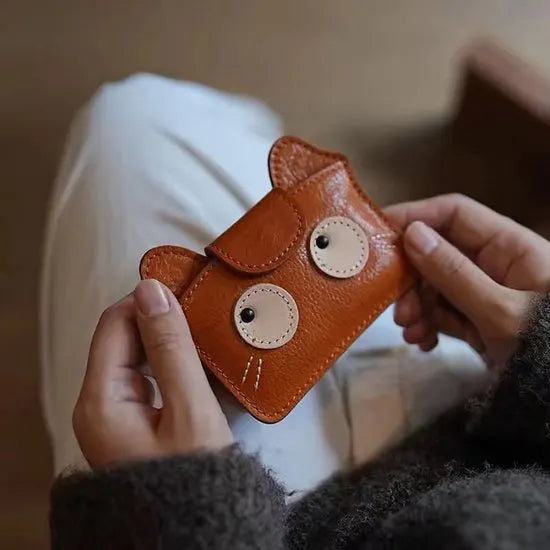 Women's wallet - Solid color - Cat design - A gift for young women and ladies (Brown)
