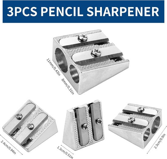 Pencil Sharpener - 3-Piece - Double Hole Pencil Sharpener - Portable Manual Pencil Sharpener - Suitable for Children, Home, School and Office - Silver - Image 5