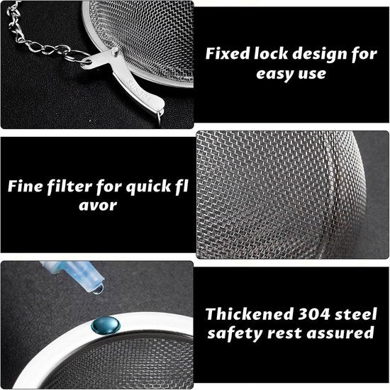 Tea filter - 3 pieces - Stainless steel tea filter - Tea ball filter - Tea filter pot - Infusion ball - Stainless steel tea filter - with extended chain hook - Round tea filter - Image 3